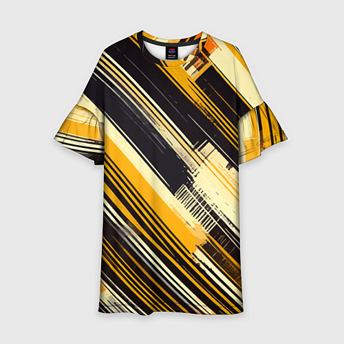 Детское платье Жёлтые диагональные полосы на чёрном фоне / 3D-принт – фото 1
