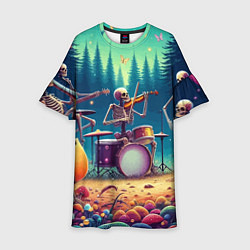 Платье клеш для девочки Группа скелетов даёт концерт под грибами, цвет: 3D-принт