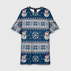 Платье клеш для девочки Вязаный зимний узор со снеговиками, цвет: 3D-принт