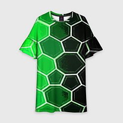 Платье клеш для девочки Белые шестиугольники на чёрно-зелёном фоне, цвет: 3D-принт