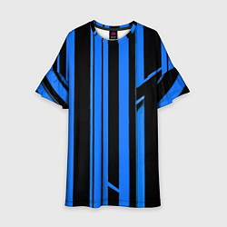 Платье клеш для девочки Толстые синие полосы на чёрном фоне, цвет: 3D-принт