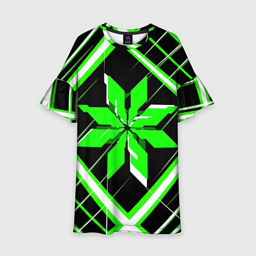 Детское платье Зелёно-белая звезда и полосы на чёрном фоне / 3D-принт – фото 1