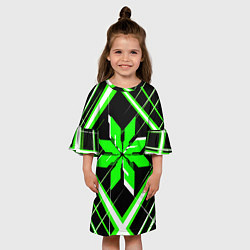 Платье клеш для девочки Зелёно-белая звезда и полосы на чёрном фоне, цвет: 3D-принт — фото 2