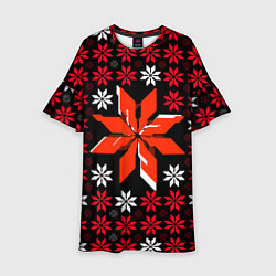 Платье клеш для девочки Красно-белые звёзды на чёрном фоне, цвет: 3D-принт