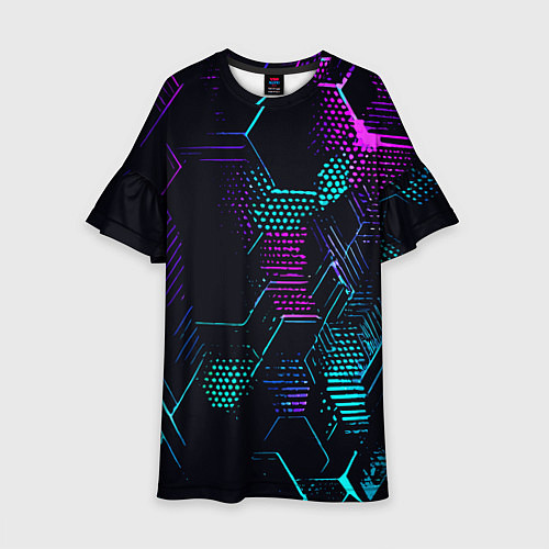 Детское платье Розово-голубые точки и линии на чёрном фоне / 3D-принт – фото 1