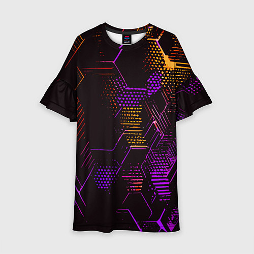 Детское платье Жёлто-фиолетовые точки и линии на чёрном фоне / 3D-принт – фото 1