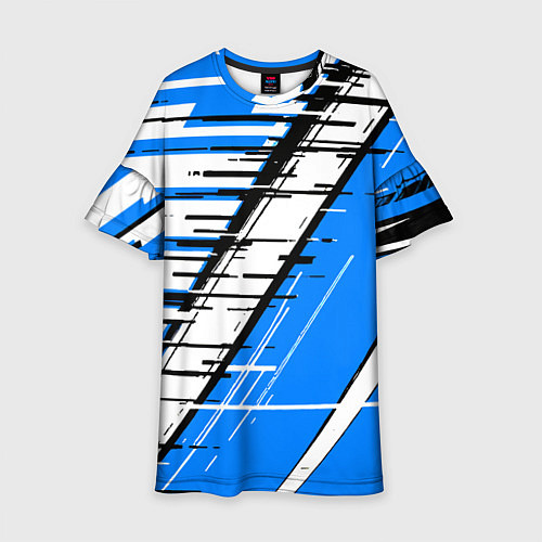 Детское платье Чёрно-белые глитч полосы на синем фоне / 3D-принт – фото 1