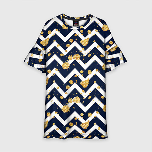 Детское платье Золотые кляксы на фоне бело-синего паттерна / 3D-принт – фото 1