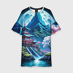 Платье клеш для девочки Пейзаж Японии и горы, цвет: 3D-принт