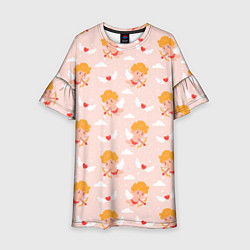 Платье клеш для девочки Паттерн с милыми купидонами и крылатыми сердечками, цвет: 3D-принт