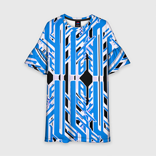 Детское платье Бело-синие техно полосы на чёрном фоне / 3D-принт – фото 1