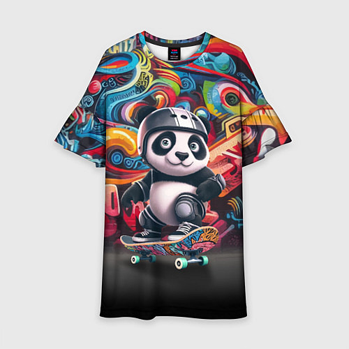 Детское платье Панда - крутой скейтбордист на фоне граффити / 3D-принт – фото 1