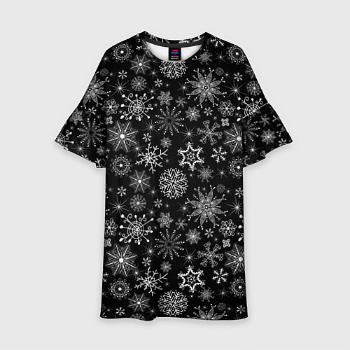 Детское платье Белые снежинки на черном / 3D-принт – фото 1