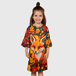 Платье клеш для девочки Лисенок в осенних листьях, цвет: 3D-принт — фото 2