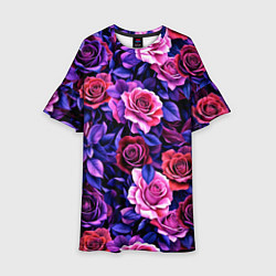 Платье клеш для девочки Разноцветные цветы - синие розы паттерн, цвет: 3D-принт