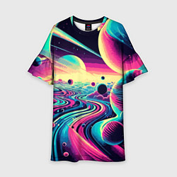 Платье клеш для девочки Неоновый разноцветный космос, цвет: 3D-принт