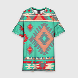 Платье клеш для девочки Оранжево бирюзовый геометрический узор в стиле ацт, цвет: 3D-принт