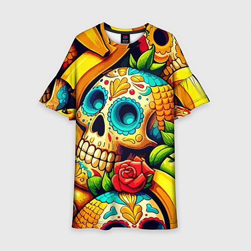 Детское платье Colorfull skulls and bananas - pop art pattern / 3D-принт – фото 1