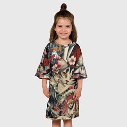 Платье клеш для девочки Котики и рыбки в сакуре, цвет: 3D-принт — фото 2