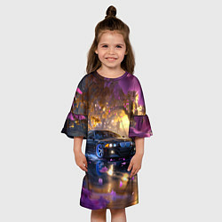 Платье клеш для девочки БМВ и фиолетовые цветы, цвет: 3D-принт — фото 2
