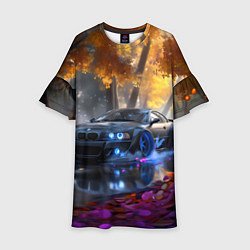 Платье клеш для девочки BMW синие неоновые фары, цвет: 3D-принт