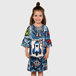 Платье клеш для девочки Космический пиксельный корабль, цвет: 3D-принт — фото 2
