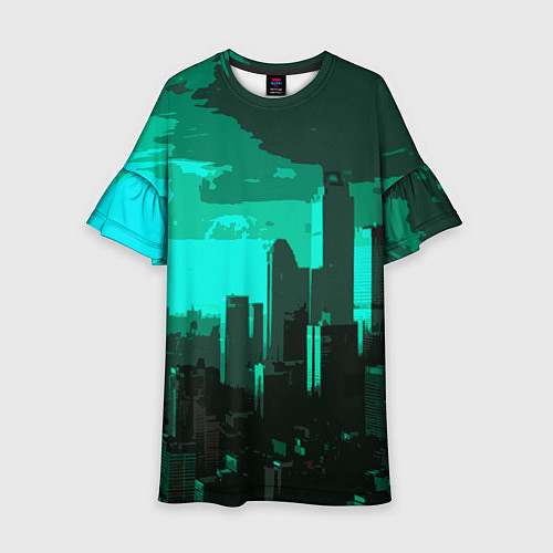 Детское платье Стилизованный город бирюзовый / 3D-принт – фото 1