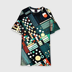 Платье клеш для девочки Тёмно-синий абстракция полосы кружочки, цвет: 3D-принт