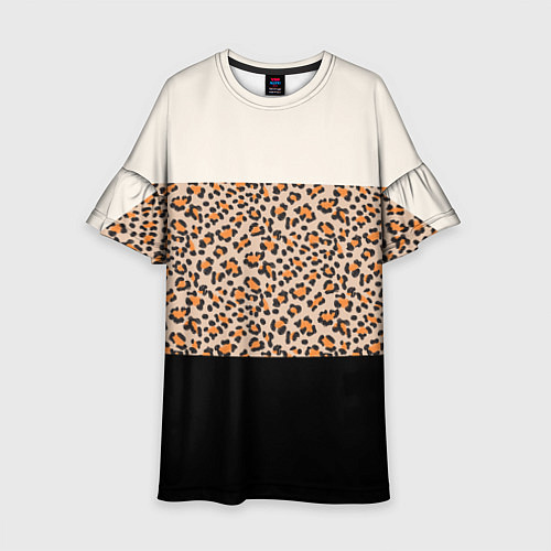 Детское платье Леопардовый паттерн с черной и бежевой полосой / 3D-принт – фото 1
