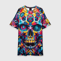 Платье клеш для девочки Кибер череп - нейроарт паттерн, цвет: 3D-принт