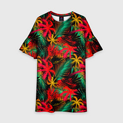 Платье клеш для девочки Palm yellow red, цвет: 3D-принт