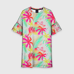 Платье клеш для девочки Palm yellow pink, цвет: 3D-принт
