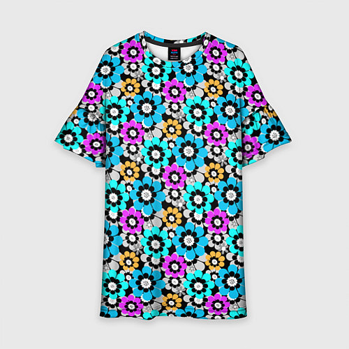 Детское платье Разноцветные цветы бирюзовые малиновые синие / 3D-принт – фото 1