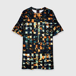 Платье клеш для девочки Тёмный синий с оранжевым кубики абстракция, цвет: 3D-принт
