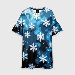 Платье клеш для девочки Стилизованный паттерн со снежинками тёмно-синий, цвет: 3D-принт