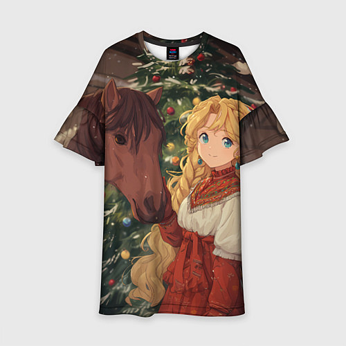 Детское платье Аниме девочка с лошадкой встречают Новый год / 3D-принт – фото 1