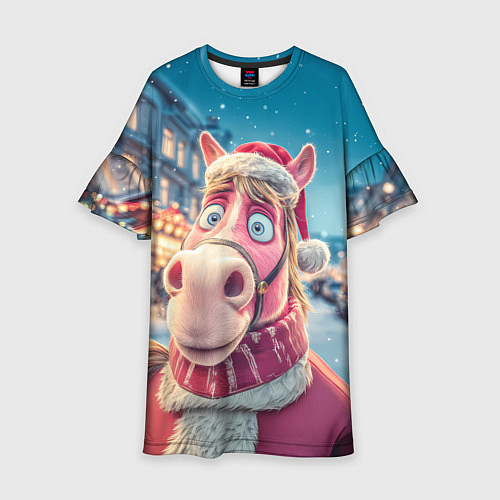 Детское платье Лошадь на фоне новогодней улицы / 3D-принт – фото 1