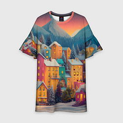 Платье клеш для девочки Новогодний город в горах, цвет: 3D-принт