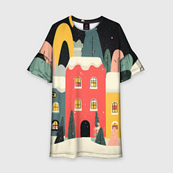 Платье клеш для девочки Разноцветные новогодние дома, цвет: 3D-принт