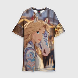 Платье клеш для девочки Блондинка с новогодней лошадкой, цвет: 3D-принт