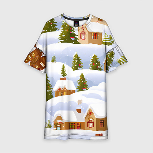 Детское платье Новогодние домики и елочки / 3D-принт – фото 1