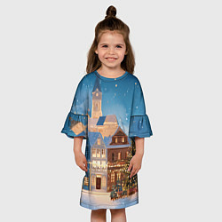 Платье клеш для девочки Новогодний дворик и елка, цвет: 3D-принт — фото 2