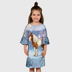 Платье клеш для девочки Новогодняя лошадка в лесу, цвет: 3D-принт — фото 2