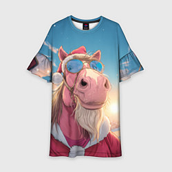 Платье клеш для девочки Новогодний конь сэлфи, цвет: 3D-принт