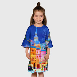 Платье клеш для девочки Разноцветные новогодние домики, цвет: 3D-принт — фото 2