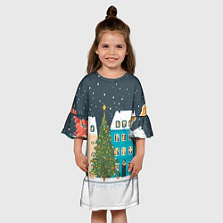 Платье клеш для девочки Новогодний снежный город, цвет: 3D-принт — фото 2