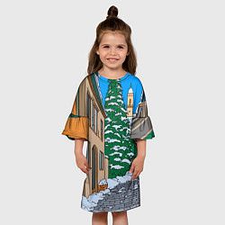 Платье клеш для девочки Новогодняя мультяшная улица, цвет: 3D-принт — фото 2