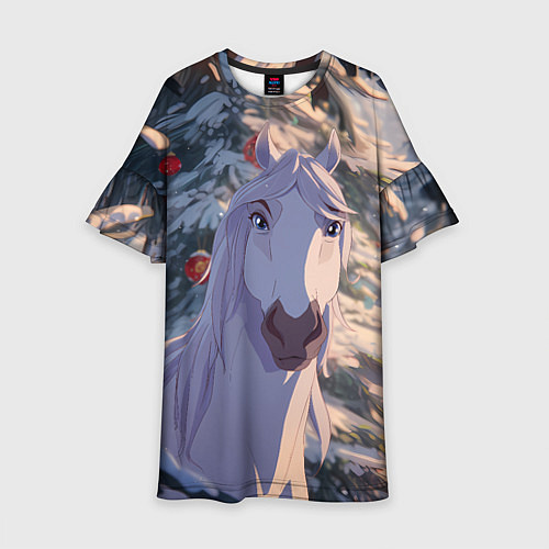Детское платье Белая лошадь на фоне елки / 3D-принт – фото 1