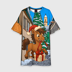 Детское платье Лошадка распаковывает новогодний подарок