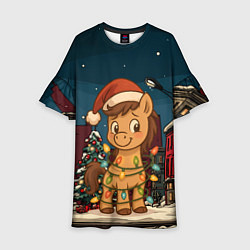 Платье клеш для девочки Лошадка в новогодней гирлянде, цвет: 3D-принт